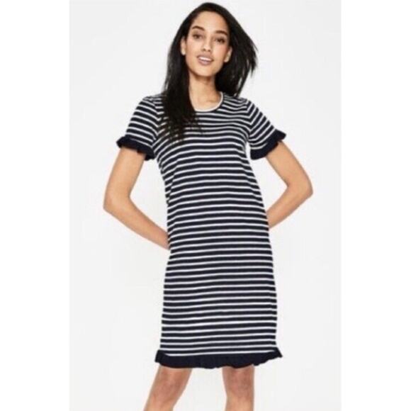 Boden Dresses & Skirts - Boden Emily Navy Blue Striped Shift Dress with Ruffle Edge Size 6L